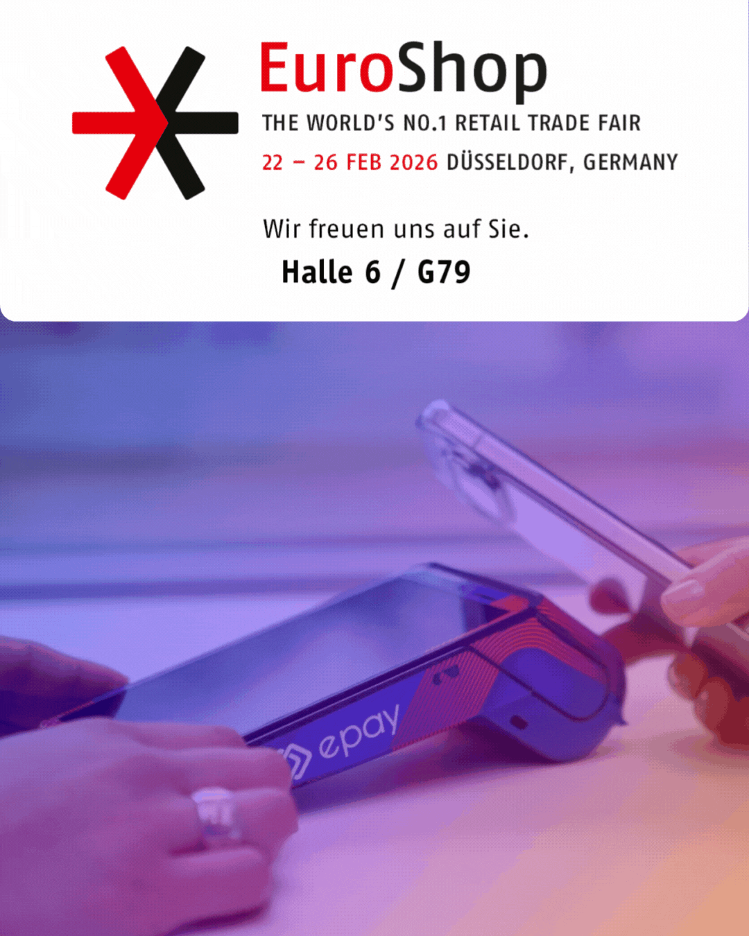 Video zeigt kontaktlose Kartenzahlung am epay-Zahlungsterminal auf der EuroShop, moderne Payment-Technologie für sicheres und schnelles Bezahlen.